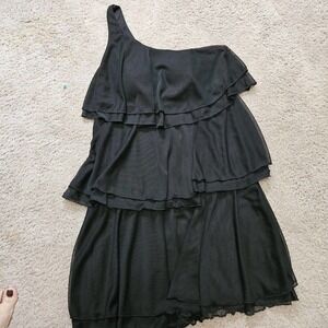 SEQUIN HEARTS Black One-Shoulder Tiered Ruffles Above Knee Dress S